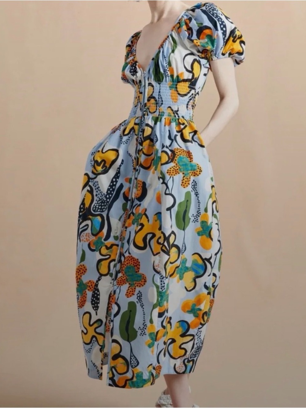 La Ligne Celina Dress Light Blue Floral Smocked Puff Sleeve Midi Size S